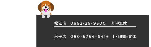 松江店 TEL.0852-25-9300 年中無休　出雲店 TEL.0853-22-9888 火曜日定休　米子店 TEL.080-5754-6416 水・日曜定休